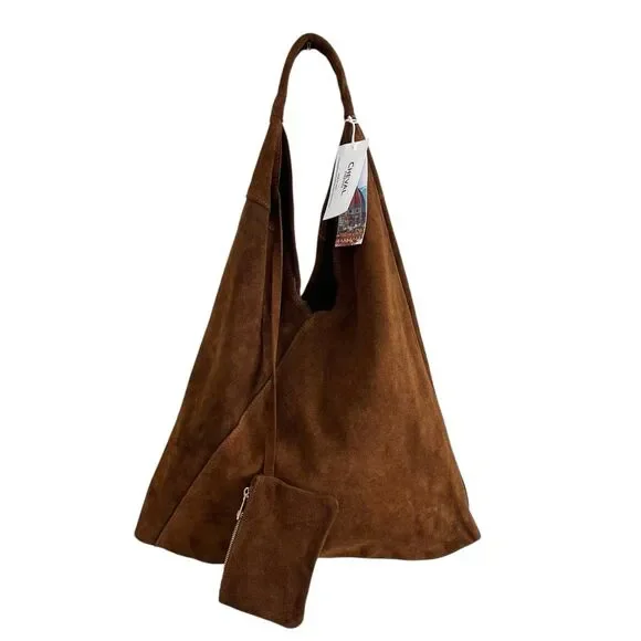 Cheval Italy Suede Leather Hobo Shoulder Bag Brown Oversized Tote Boho Hippie - Picture 14 of 14